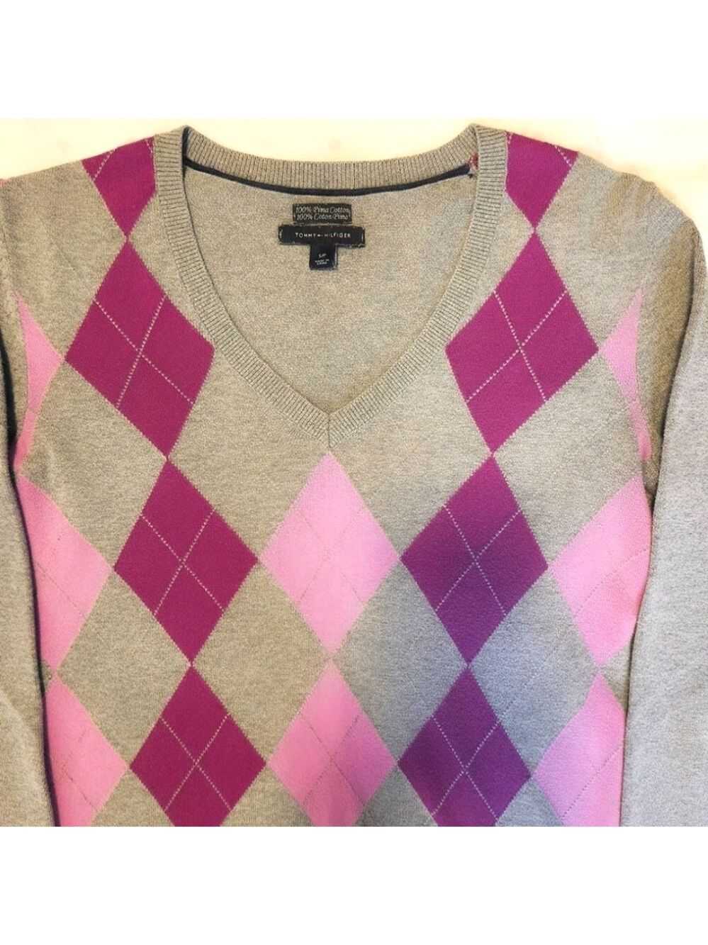 Tommy Hilfiger Y2K Argyle V-Neck Sweater Light Academia Pima Cotton Pink Small - Picture 5 of 8